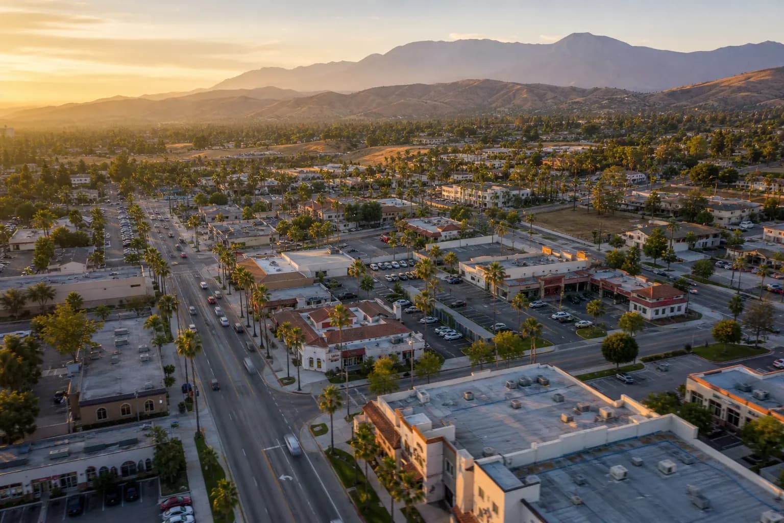 Aerial view of Riverside restaurant district at golden hour