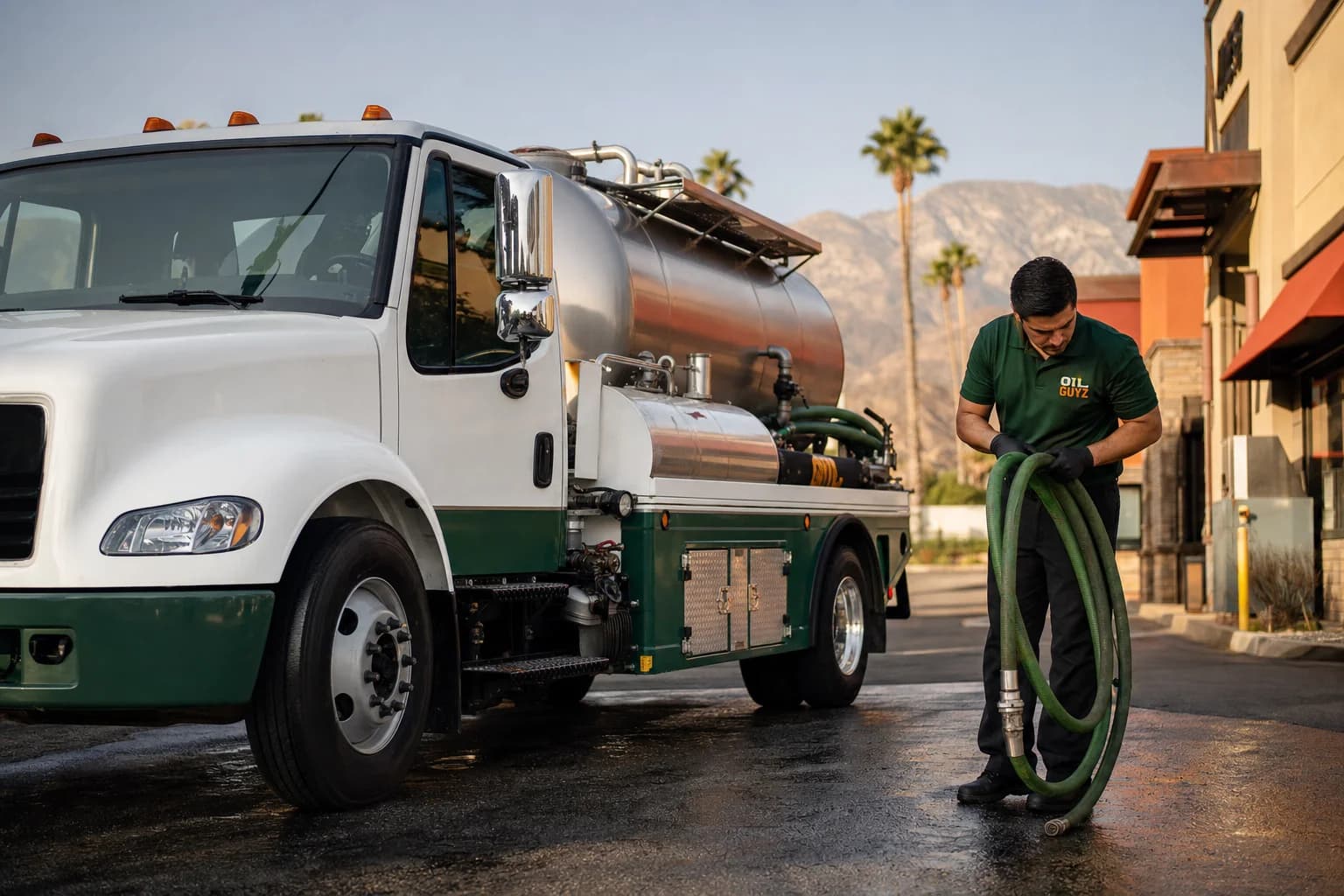 Free used cooking oil pickup at a Riverside restaurant — unbranded white pump truck with hunter-green Oil Guyz technician