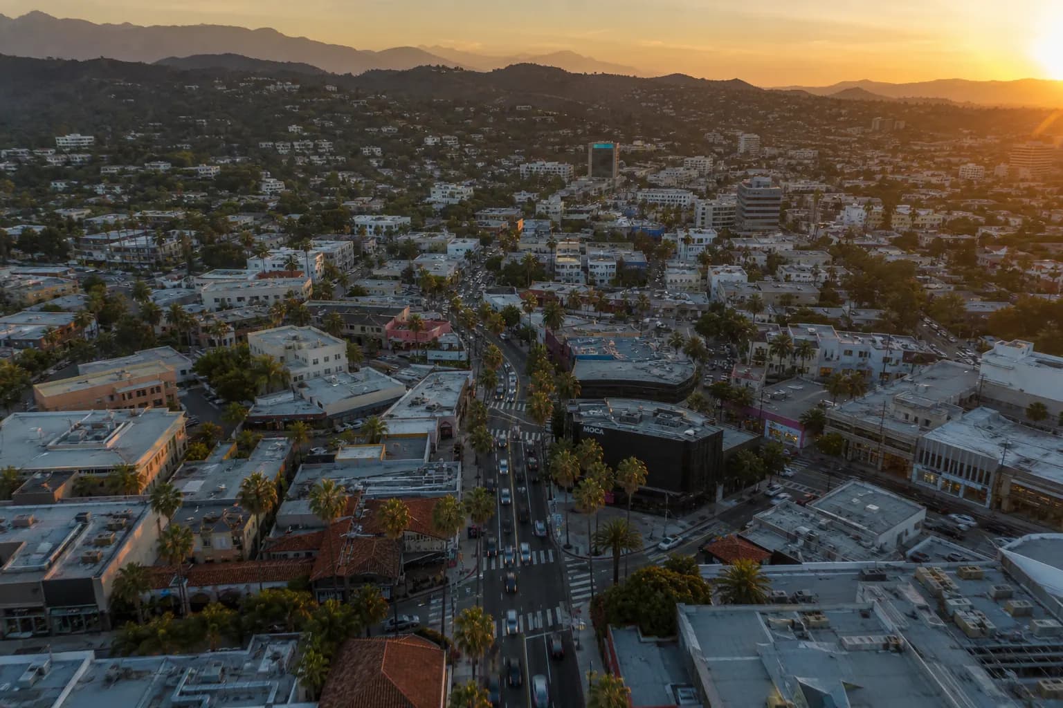 Aerial view of Rolling Hills restaurant district at golden hour
