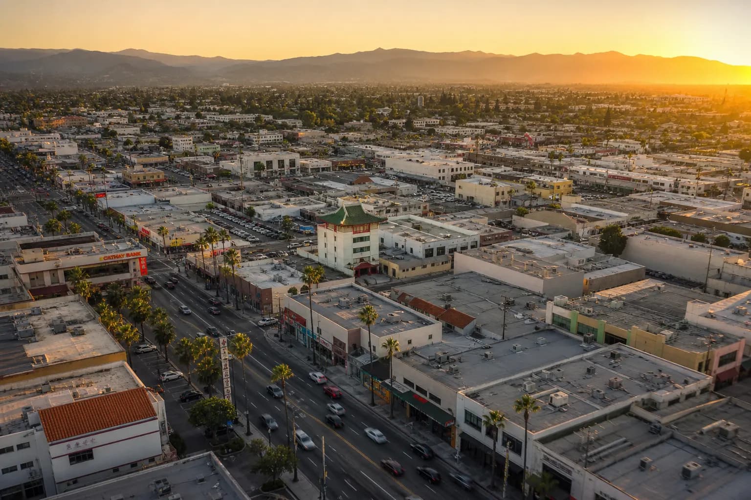 Aerial view of Rosemead restaurant district at golden hour
