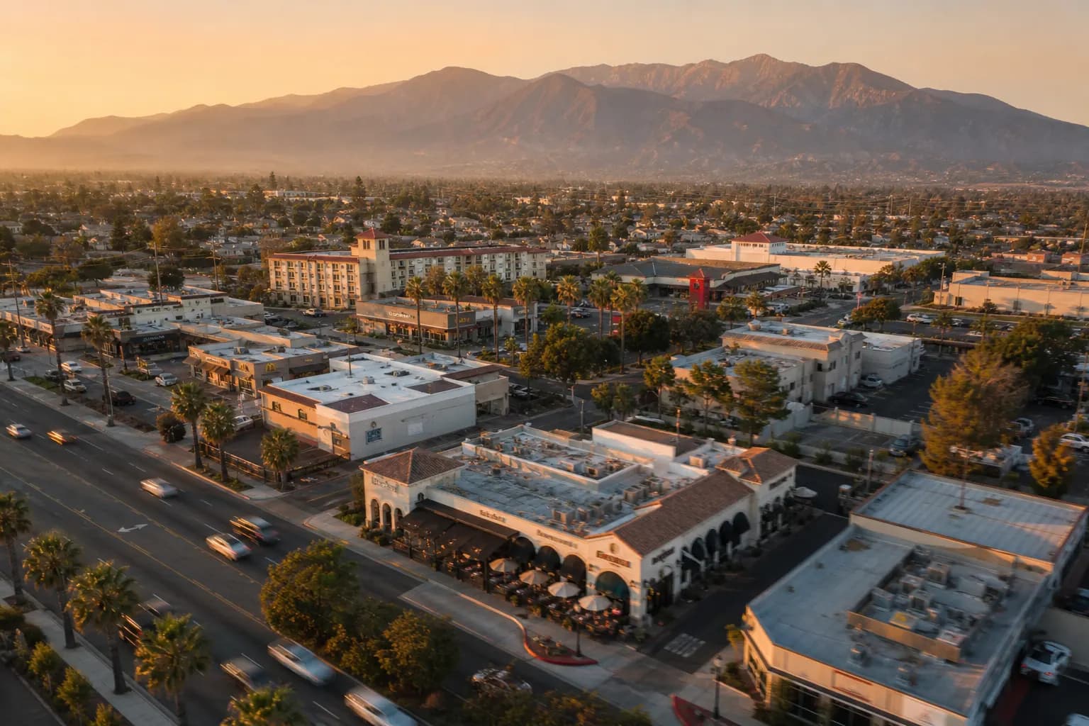 Aerial view of San Bernardino restaurant district at golden hour