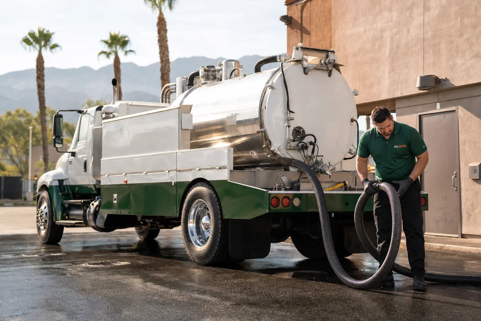 Free used cooking oil pickup at a San Bernardino restaurant — unbranded white pump truck with hunter-green Oil Guyz technician