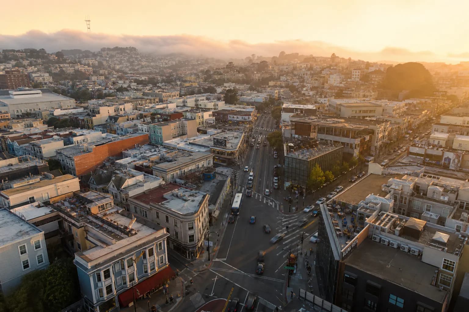 Aerial view of San Francisco restaurant district at golden hour