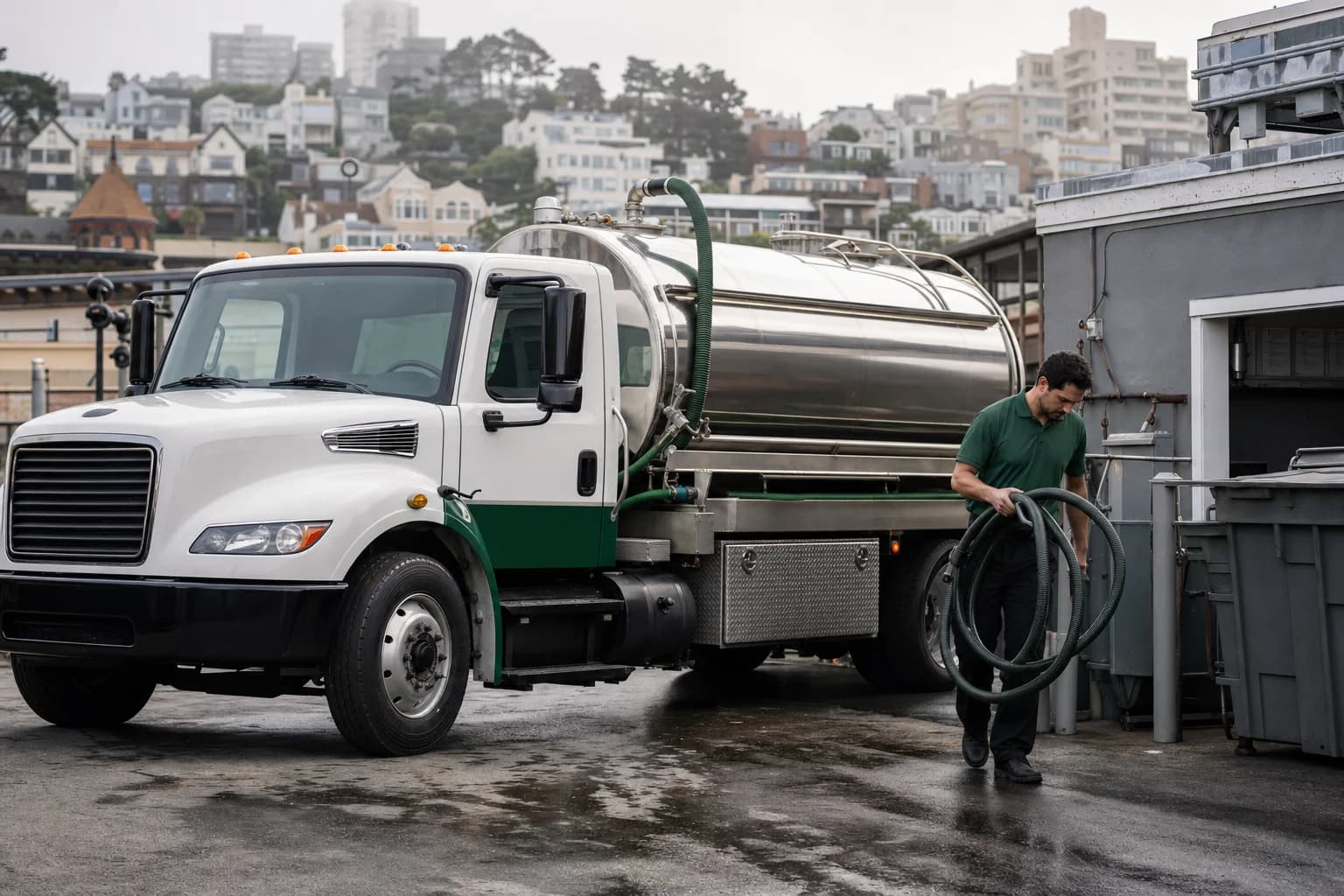 Free used cooking oil pickup at a San Francisco restaurant — unbranded white pump truck with hunter-green Oil Guyz technician