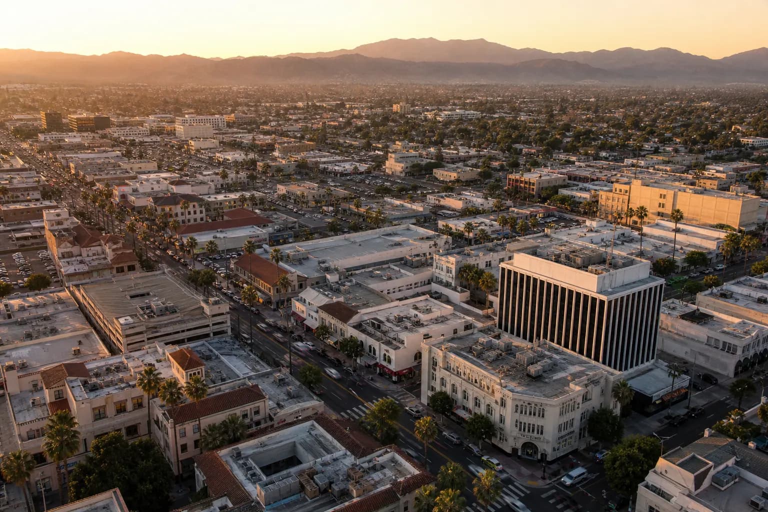 Aerial view of San Gabriel restaurant district at golden hour