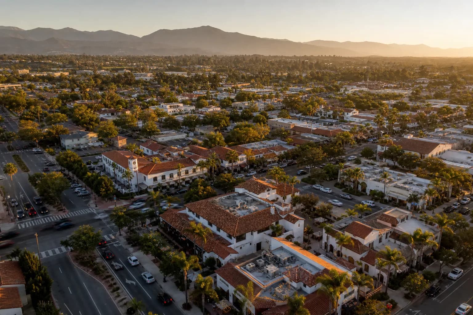 Aerial view of San Juan Capistrano restaurant district at golden hour