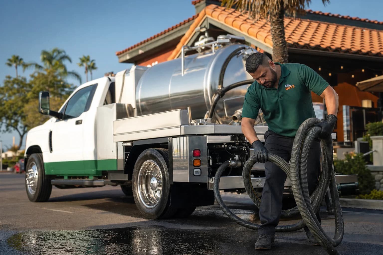 Free used cooking oil pickup at a San Juan Capistrano restaurant — unbranded white pump truck with hunter-green Oil Guyz technician