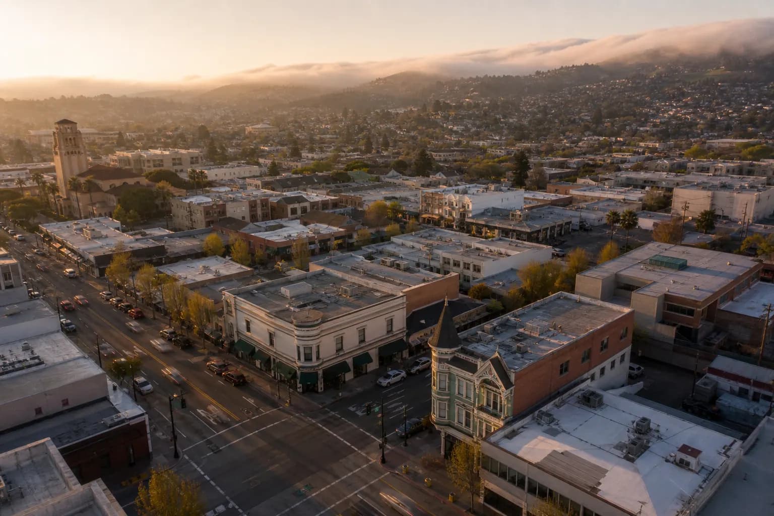 Aerial view of San Leandro restaurant district at golden hour