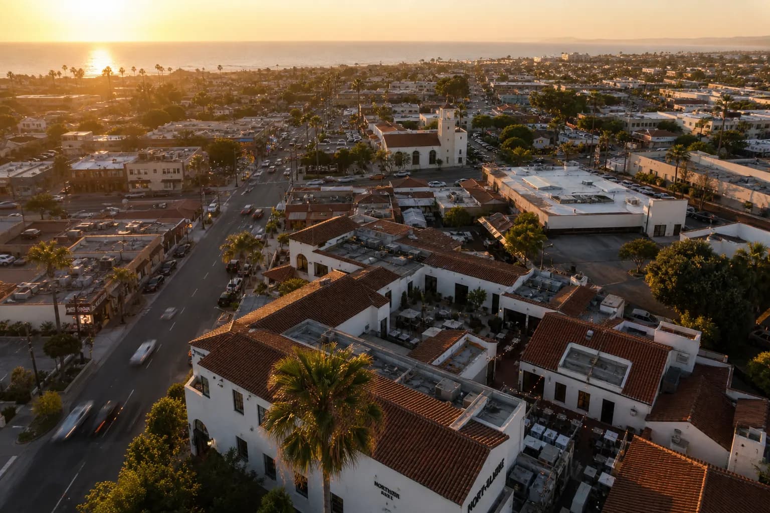 Aerial view of San Marcos restaurant district at golden hour