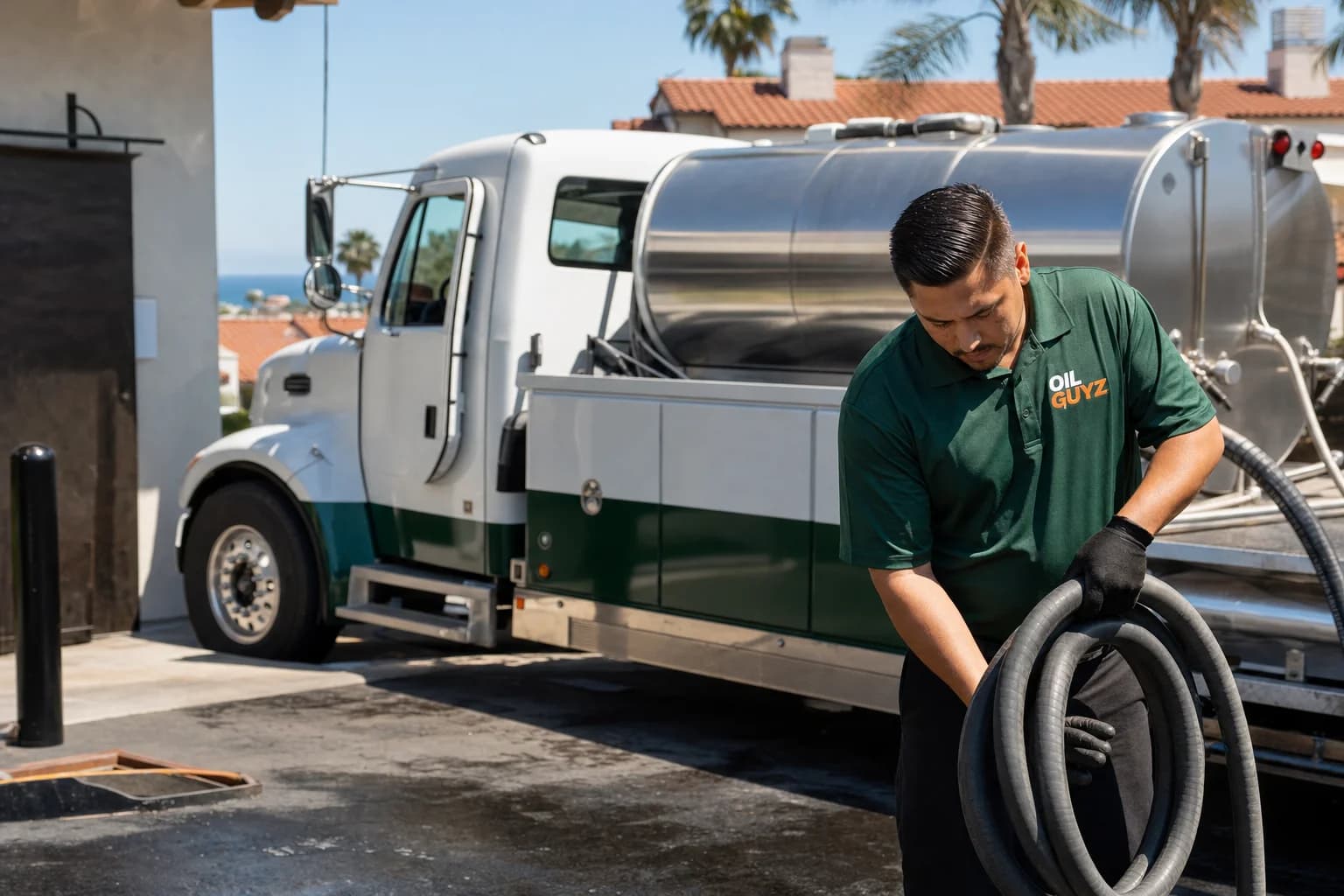 Free used cooking oil pickup at a San Marcos restaurant — unbranded white pump truck with hunter-green Oil Guyz technician