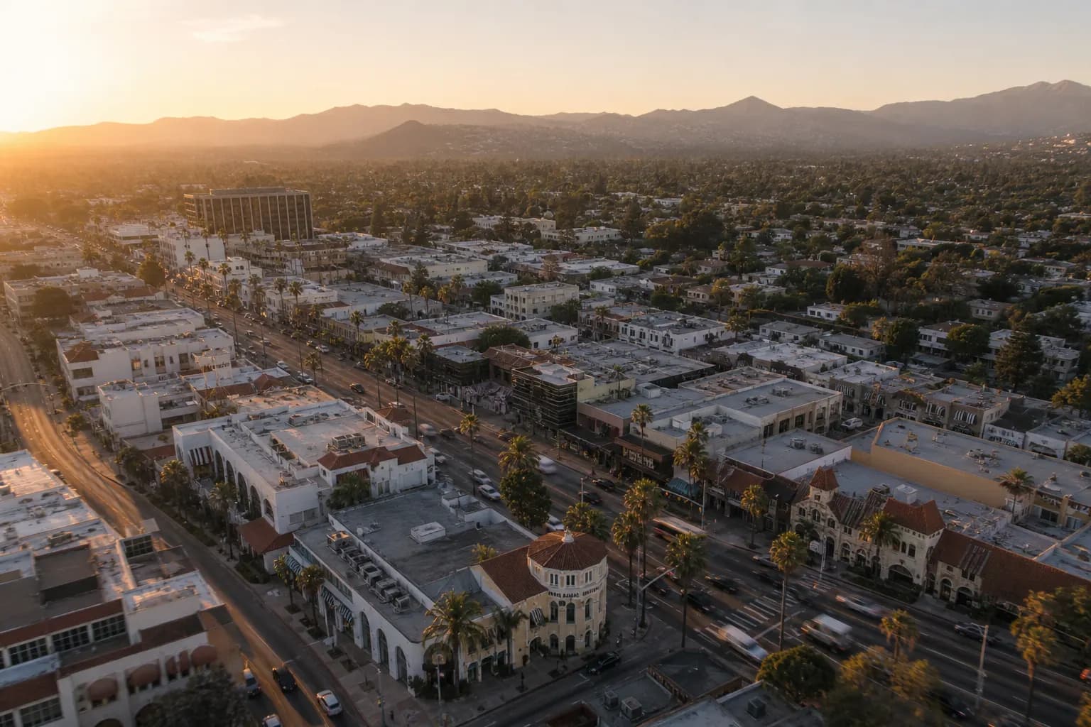 Aerial view of San Marino restaurant district at golden hour