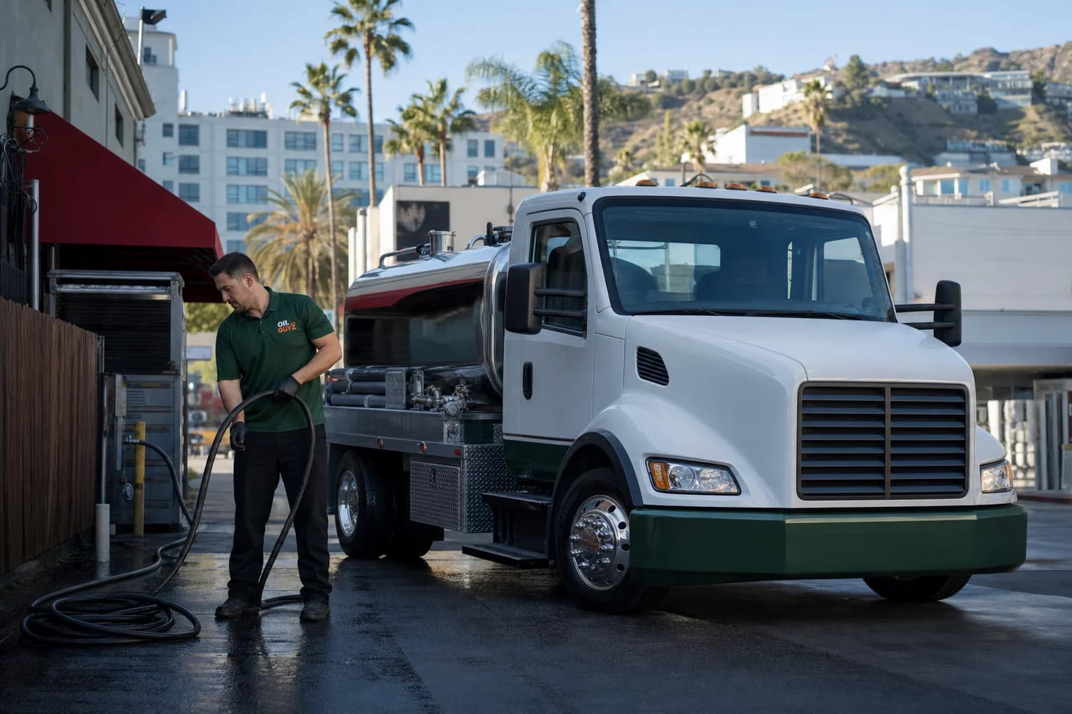 Free used cooking oil pickup at a San Marino restaurant — unbranded white pump truck with hunter-green Oil Guyz technician
