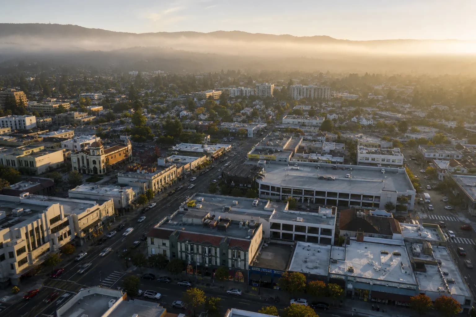 Aerial view of San Mateo restaurant district at golden hour