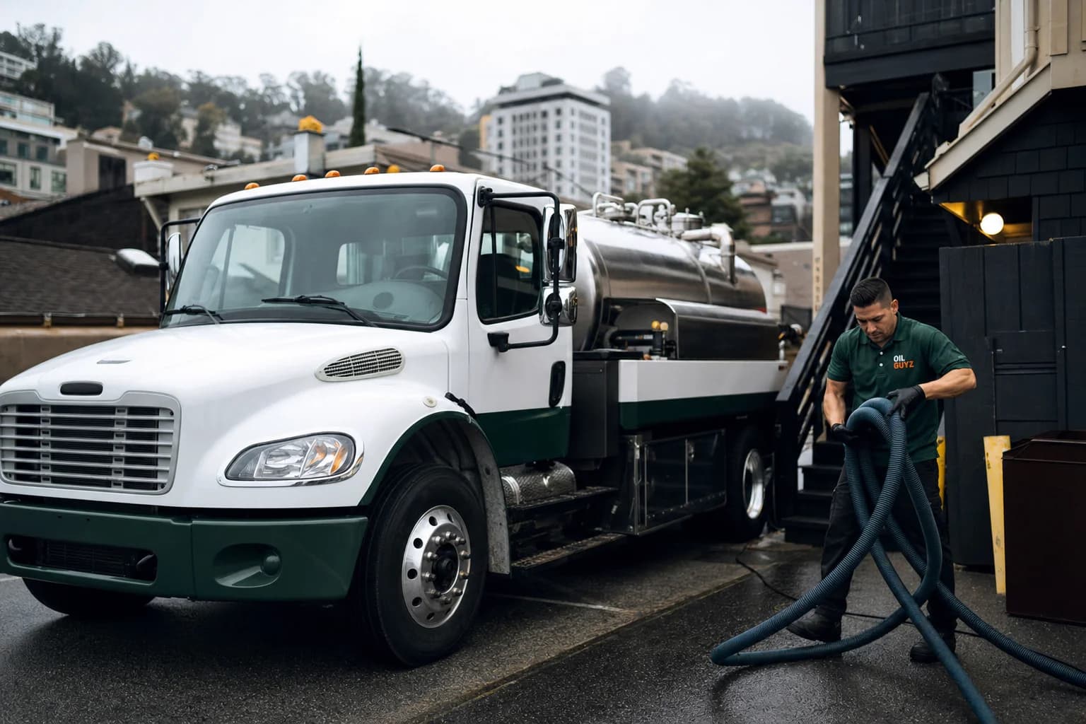 Free used cooking oil pickup at a San Mateo restaurant — unbranded white pump truck with hunter-green Oil Guyz technician