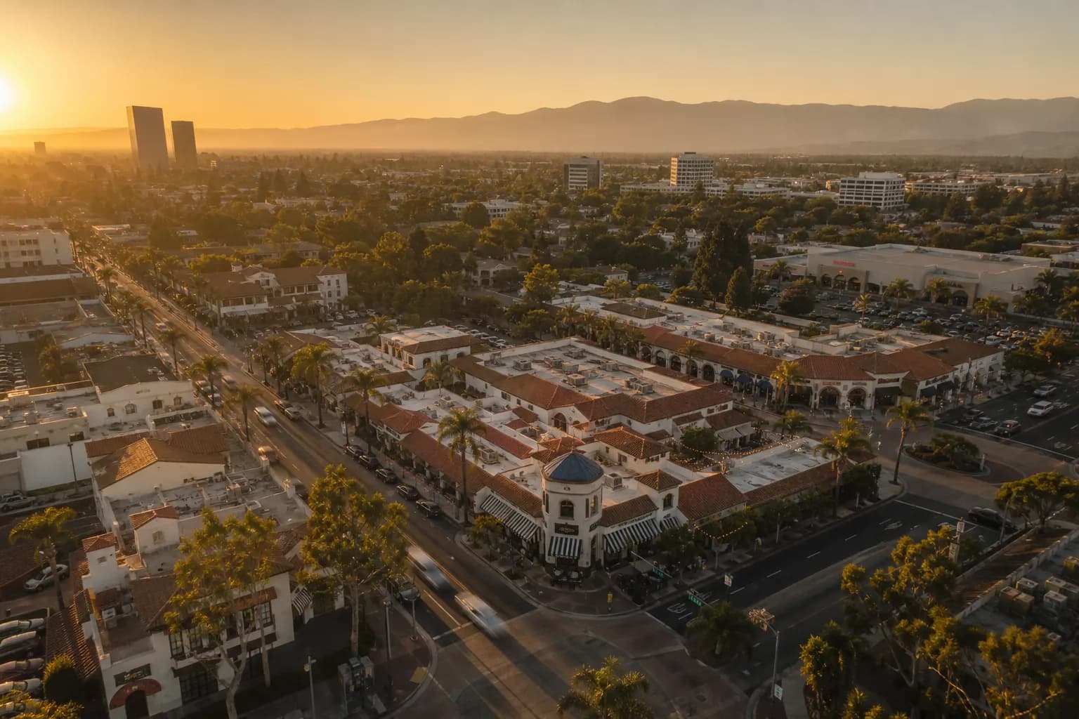 Aerial view of Santa Ana restaurant district at golden hour