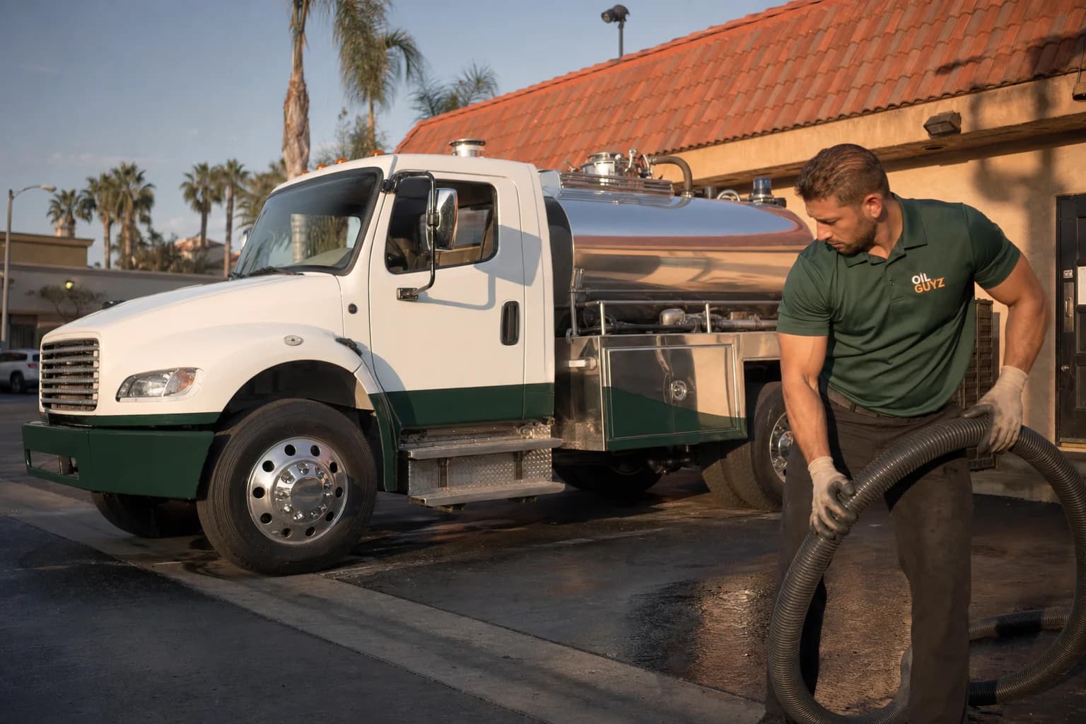 Free used cooking oil pickup at a Santa Ana restaurant — unbranded white pump truck with hunter-green Oil Guyz technician