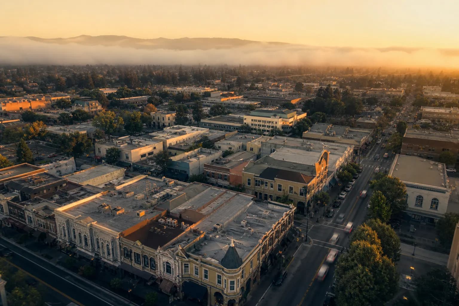 Aerial view of Santa Clara restaurant district at golden hour