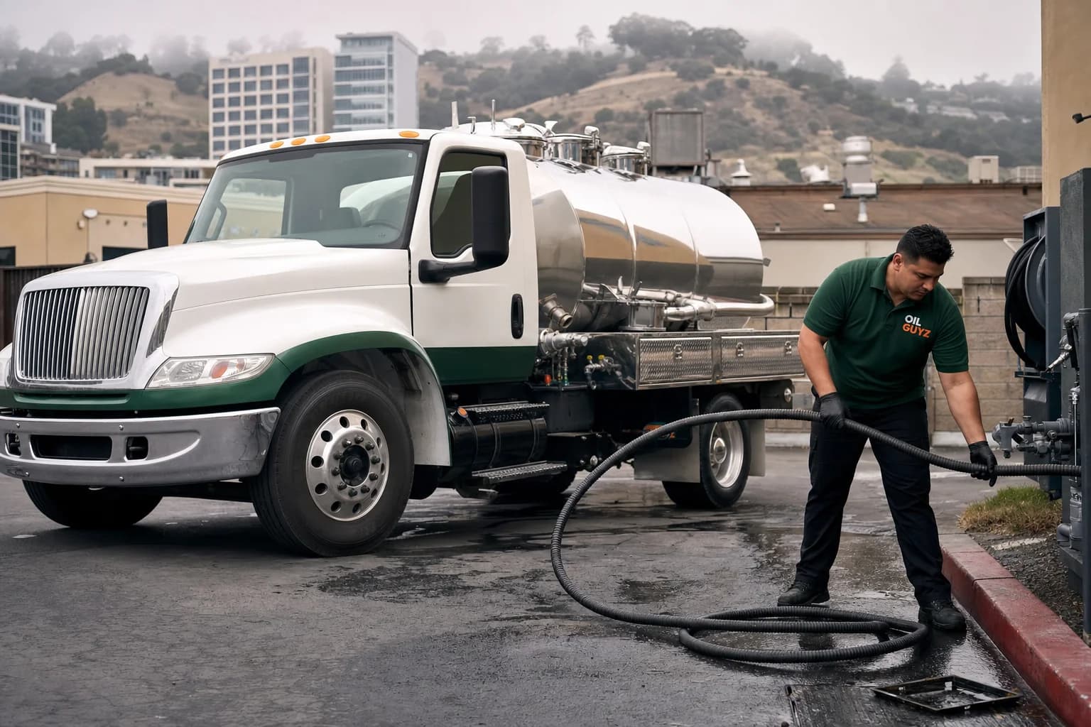 Free used cooking oil pickup at a Santa Clara restaurant — unbranded white pump truck with hunter-green Oil Guyz technician