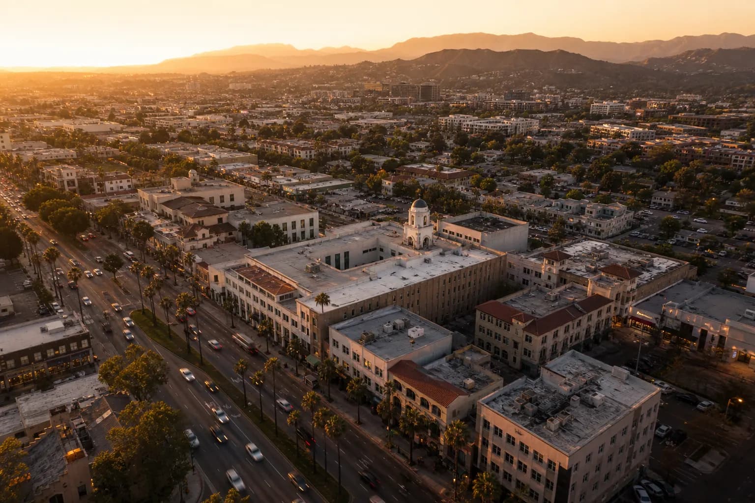 Aerial view of Santa Clarita restaurant district at golden hour
