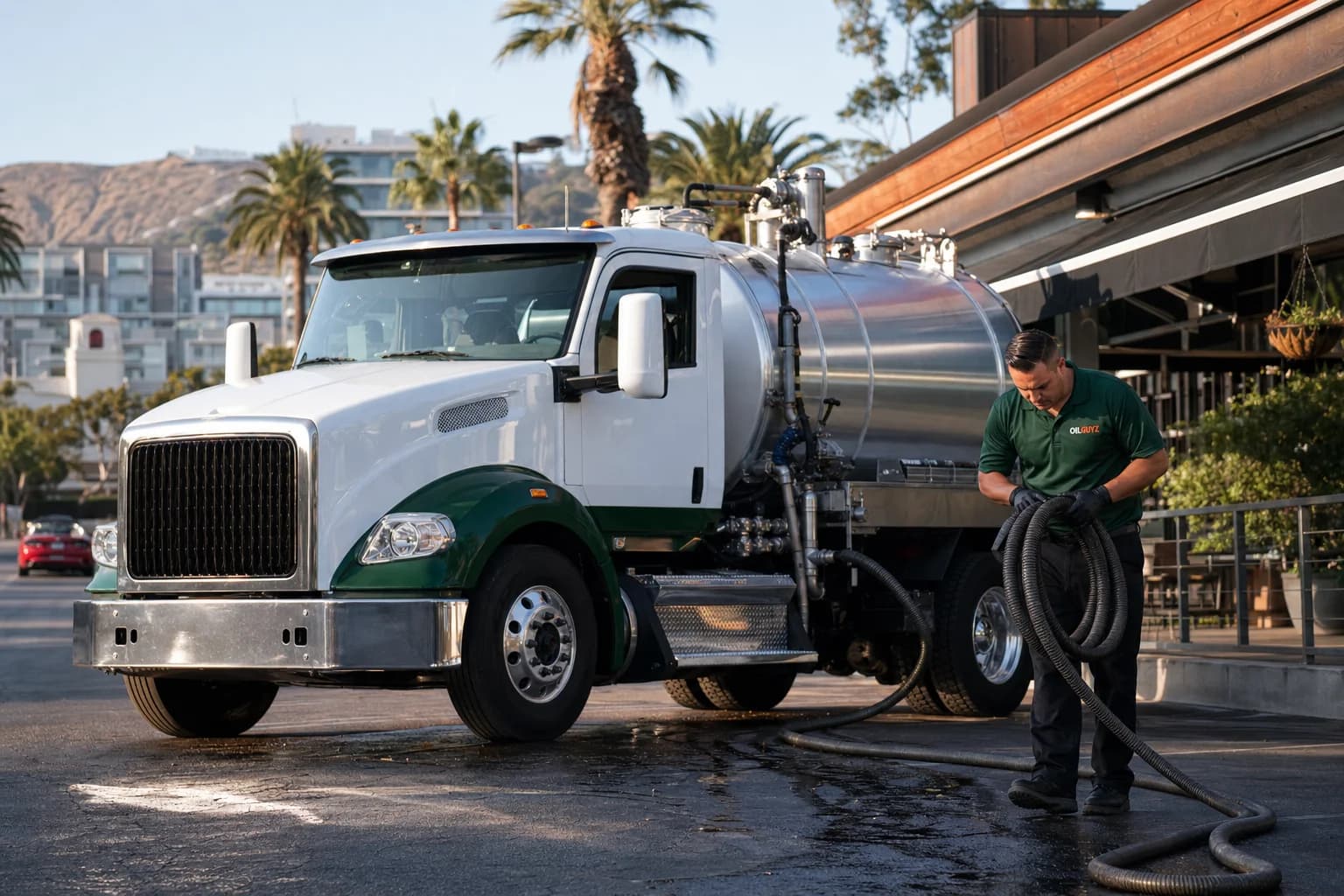 Free used cooking oil pickup at a Santa Clarita restaurant — unbranded white pump truck with hunter-green Oil Guyz technician