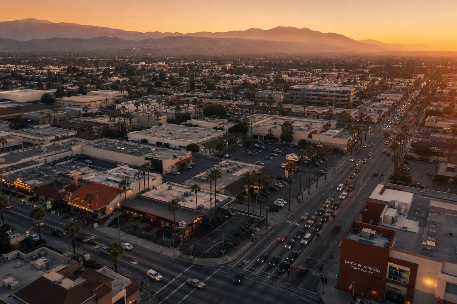 Aerial view of Santa Fe Springs restaurant district at golden hour