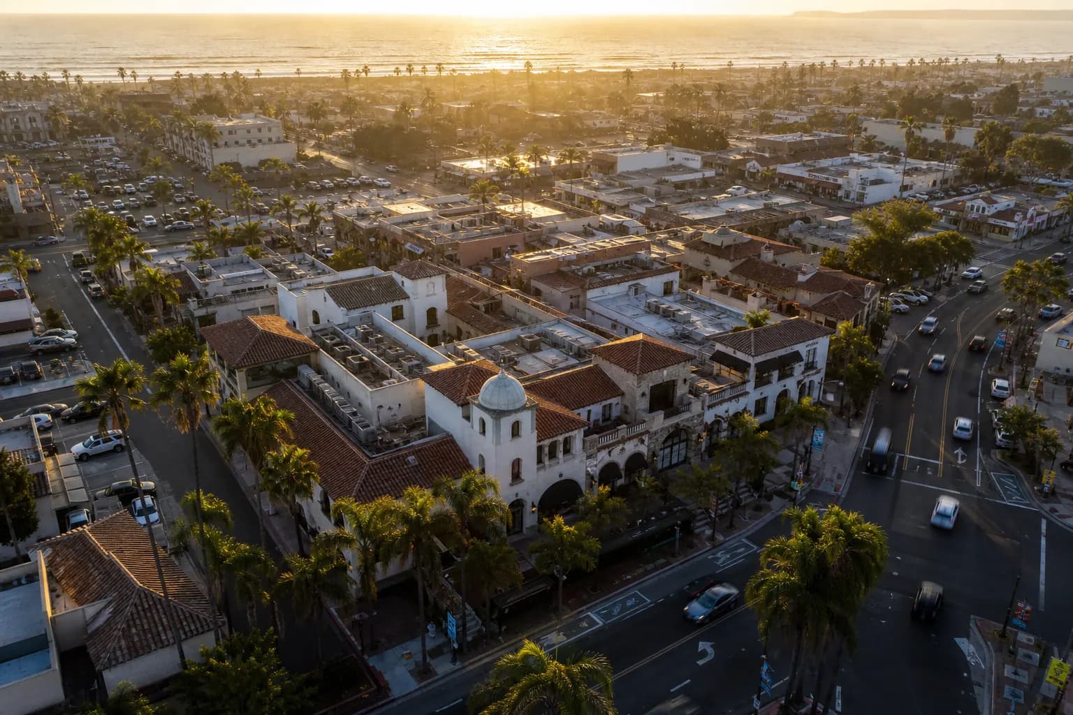 Aerial view of Santee restaurant district at golden hour