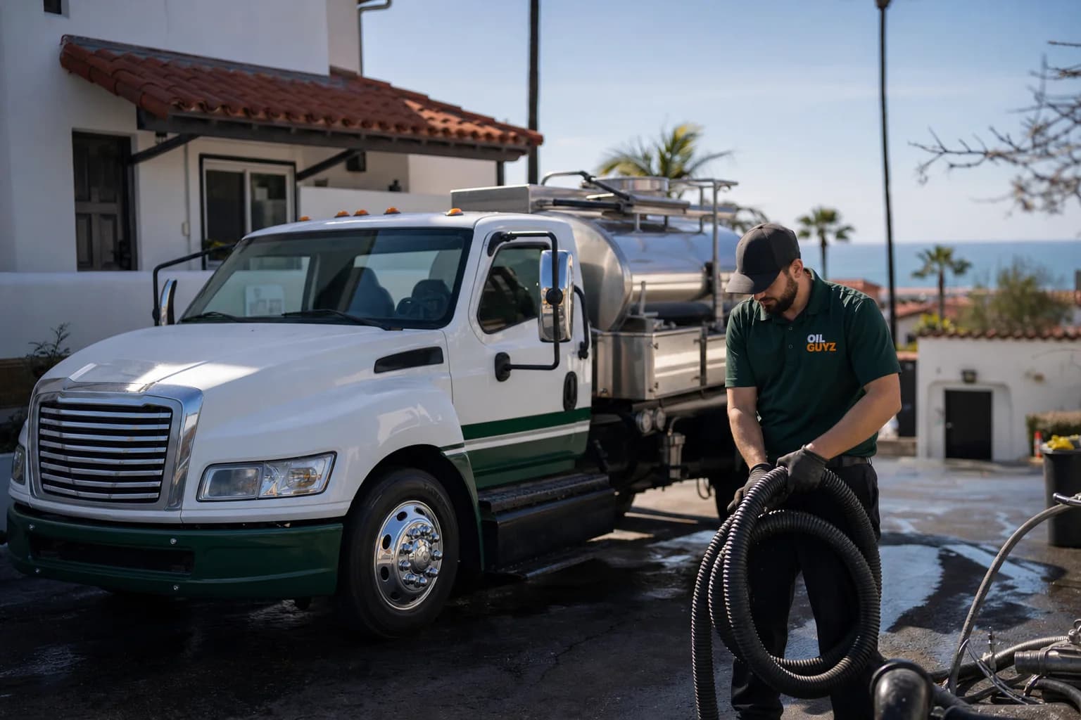 Free used cooking oil pickup at a Santee restaurant — unbranded white pump truck with hunter-green Oil Guyz technician
