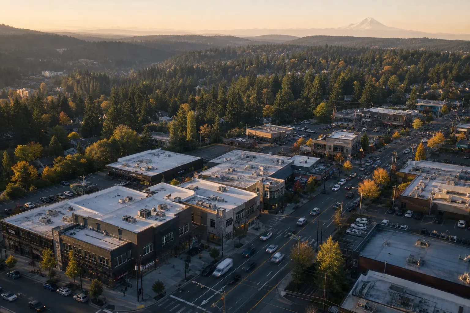 Aerial view of SeaTac restaurant district at golden hour