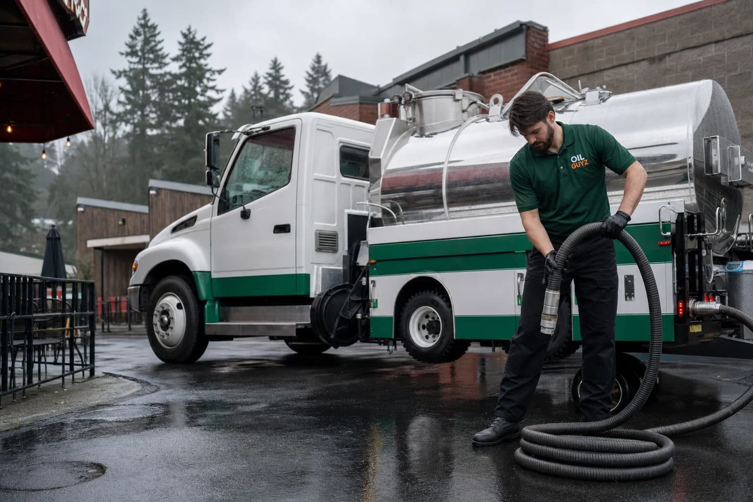 Free used cooking oil pickup at a SeaTac restaurant — unbranded white pump truck with hunter-green Oil Guyz technician