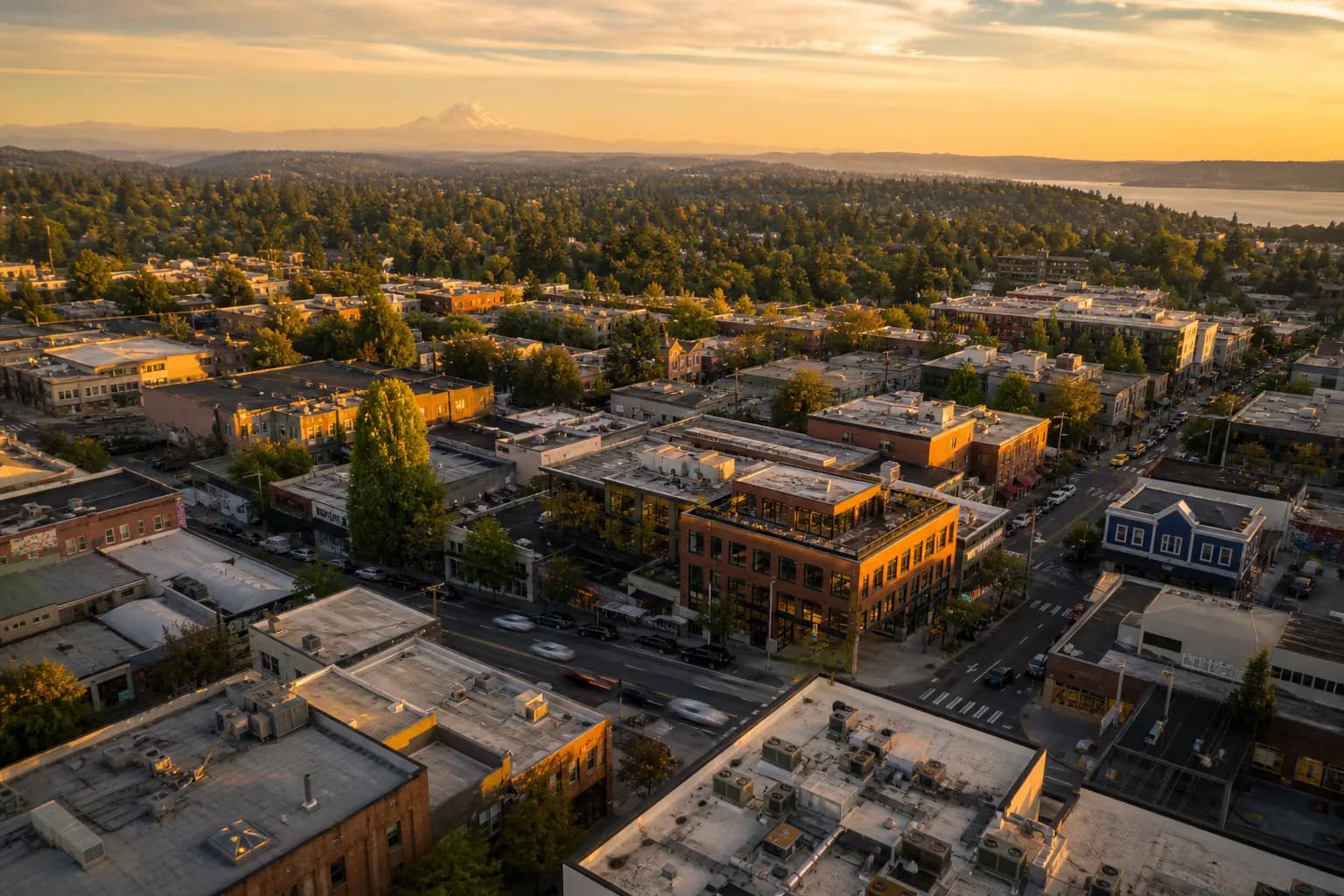 Aerial view of Seattle restaurant district at golden hour