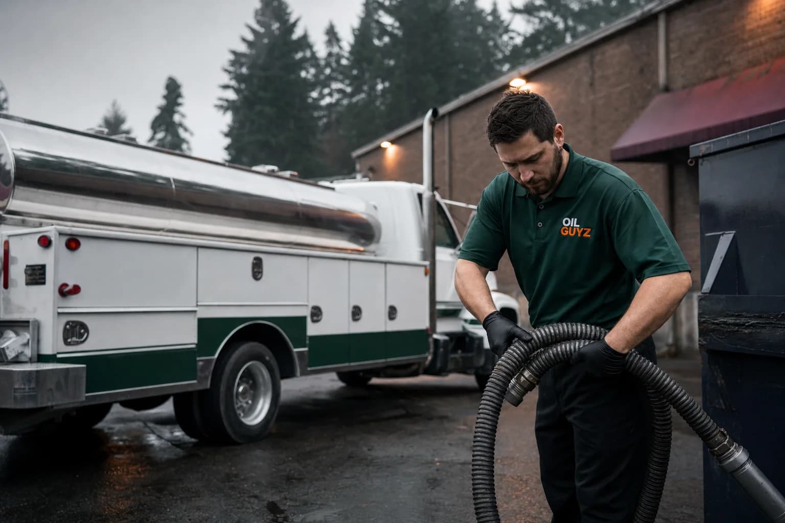 Free used cooking oil pickup at a Seattle restaurant — unbranded white pump truck with hunter-green Oil Guyz technician
