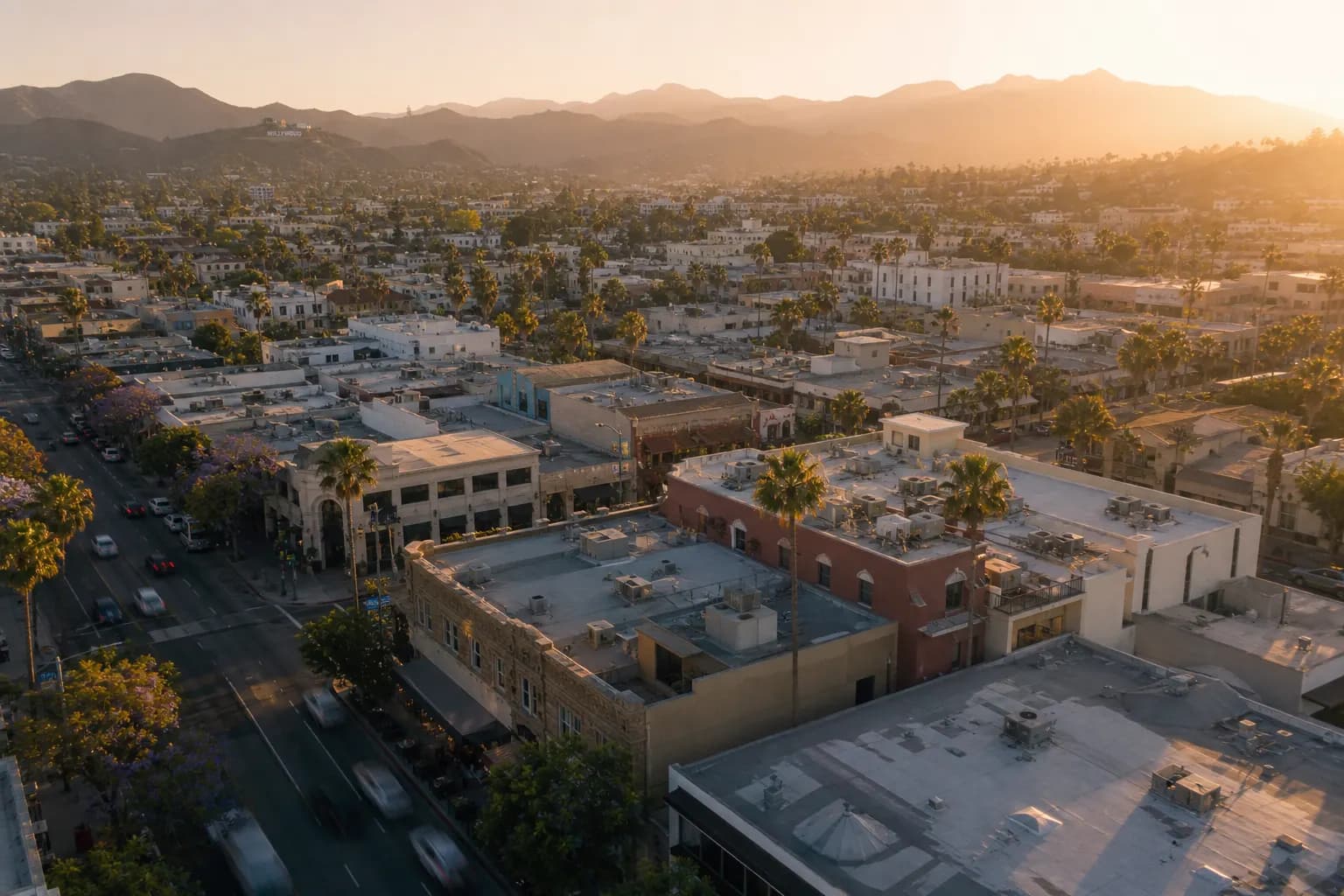 Aerial view of Sierra Madre restaurant district at golden hour