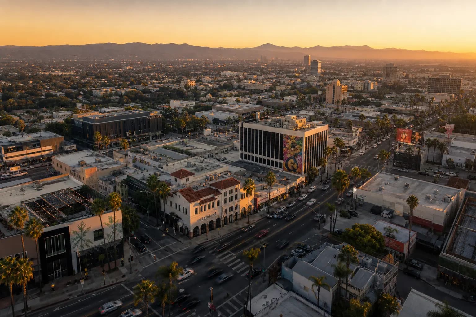 Aerial view of Signal Hill restaurant district at golden hour