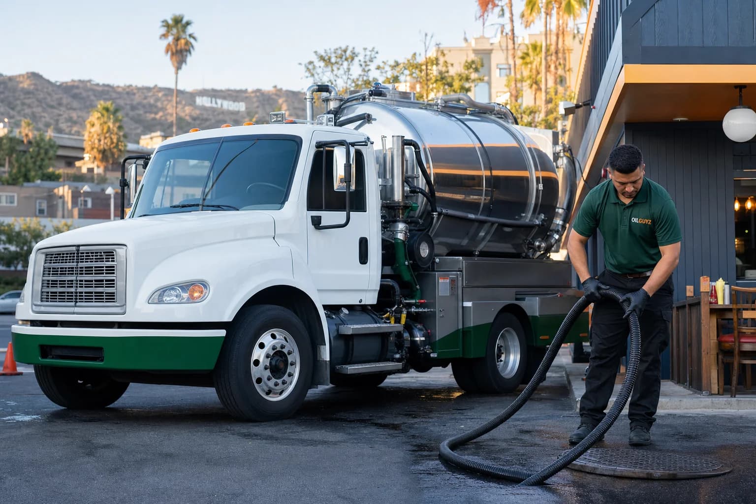 Free used cooking oil pickup at a Signal Hill restaurant — unbranded white pump truck with hunter-green Oil Guyz technician
