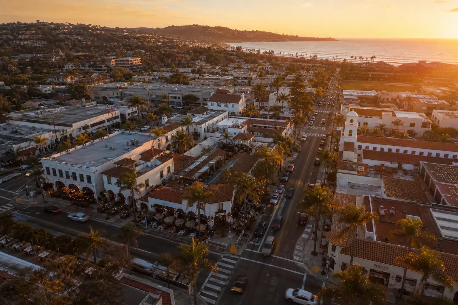 Aerial view of Solana Beach restaurant district at golden hour