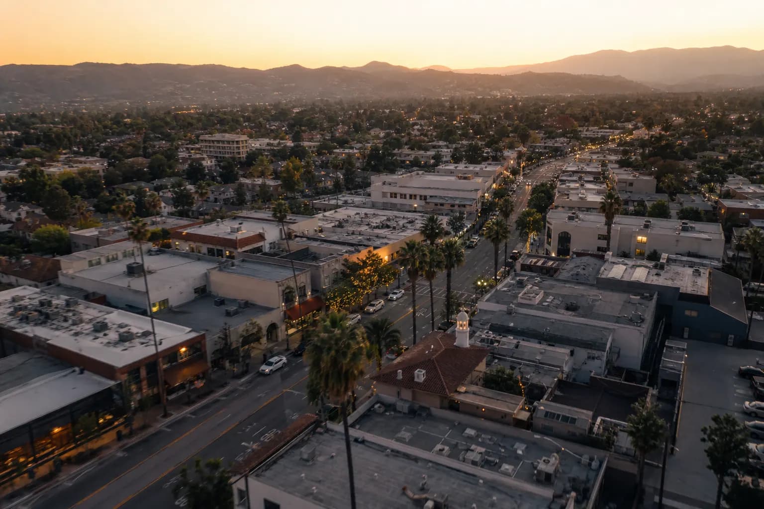 Aerial view of South Pasadena restaurant district at golden hour