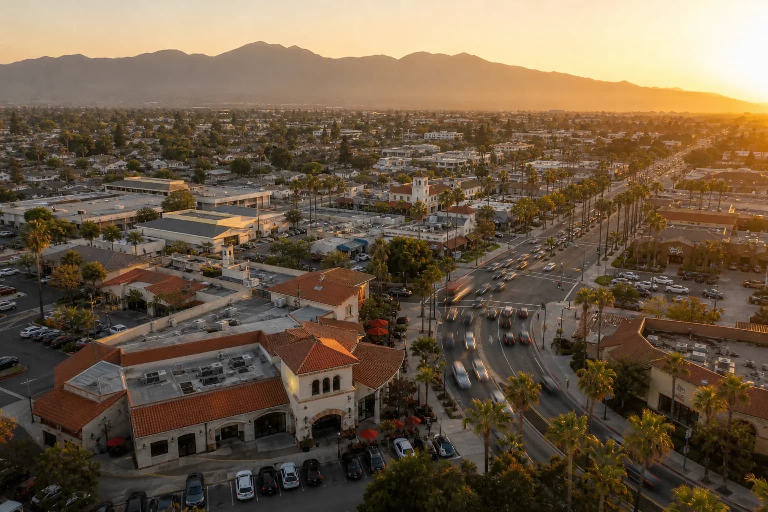 Aerial view of Stanton restaurant district at golden hour