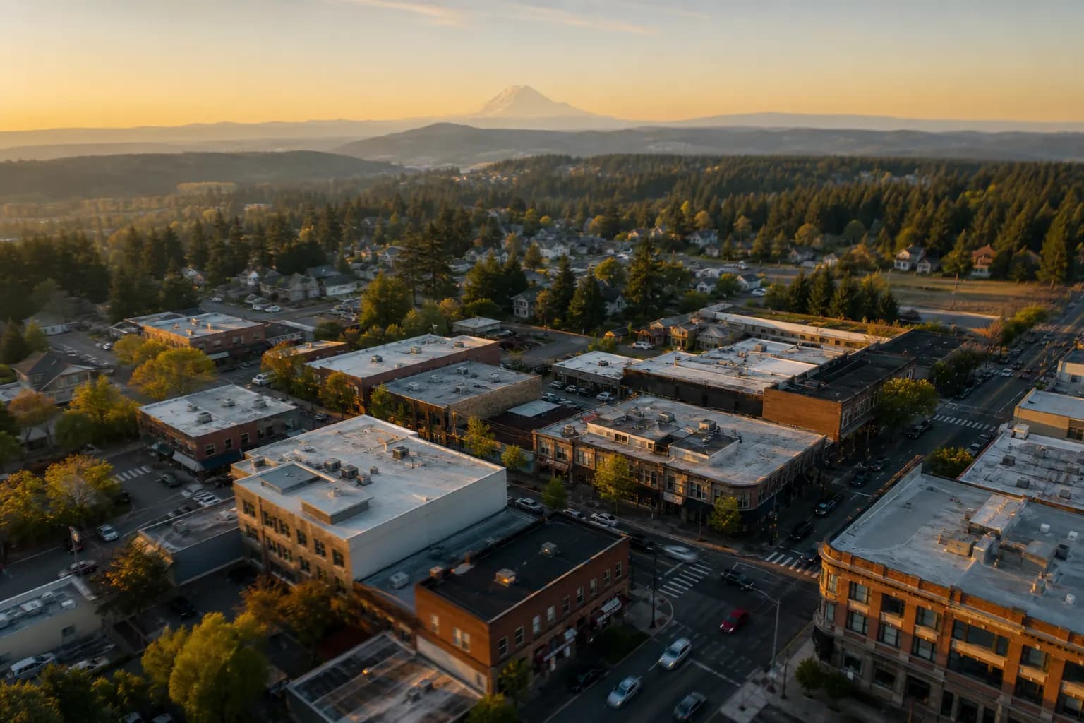 Aerial view of Steilacoom restaurant district at golden hour