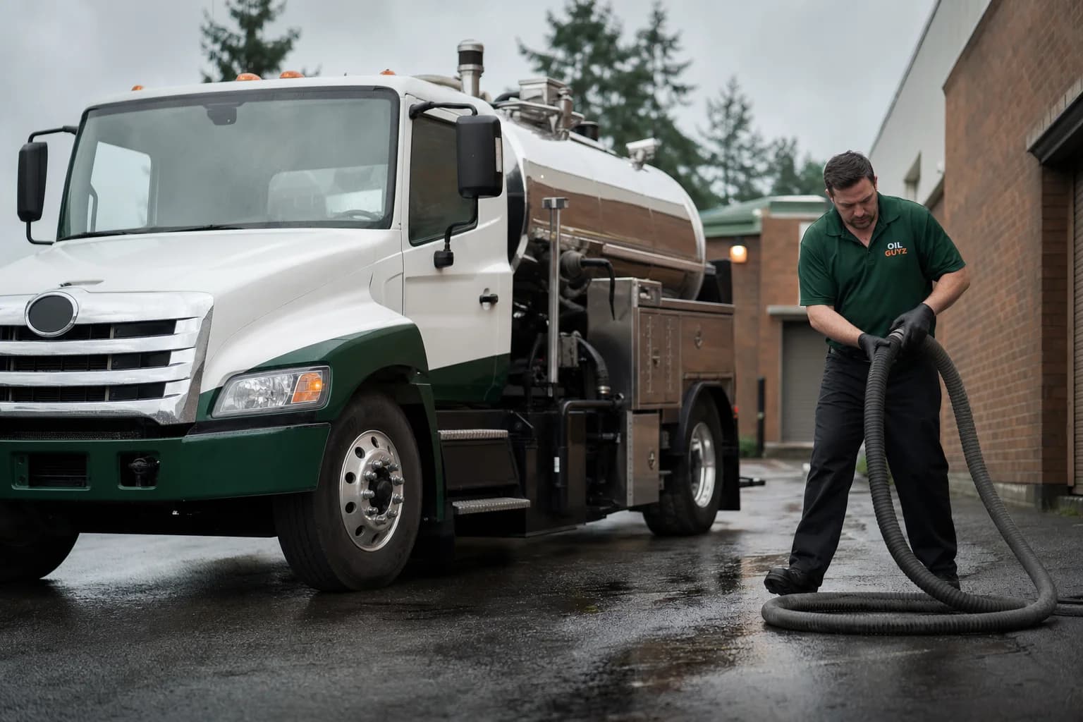 Free used cooking oil pickup at a Steilacoom restaurant — unbranded white pump truck with hunter-green Oil Guyz technician