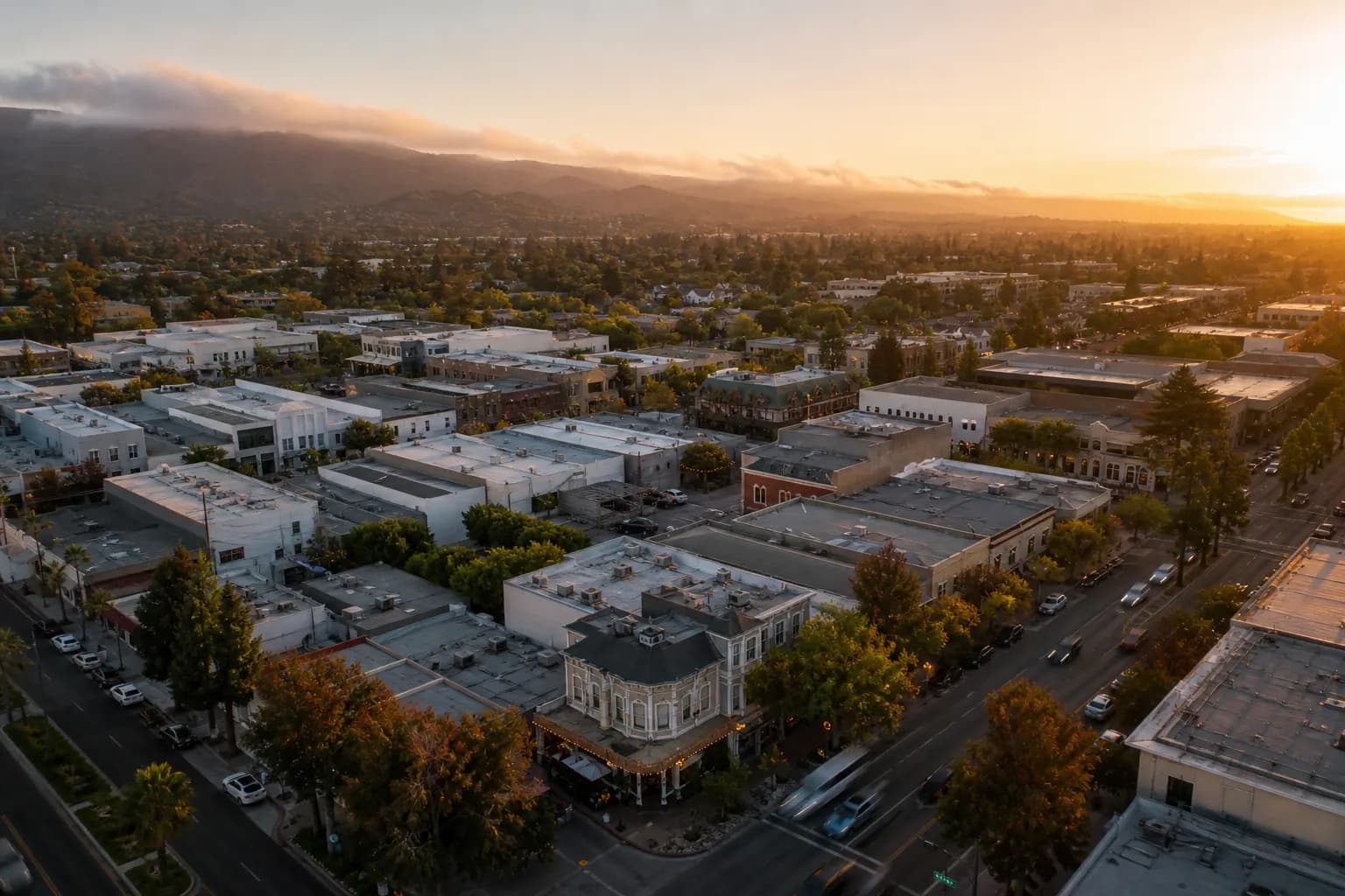 Aerial view of Sunnyvale restaurant district at golden hour