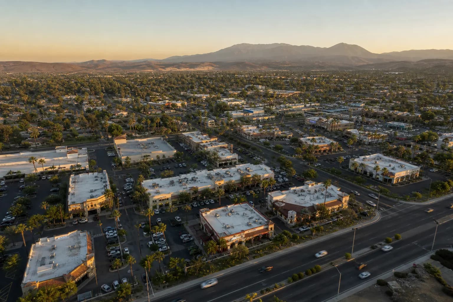 Aerial view of Temecula restaurant district at golden hour