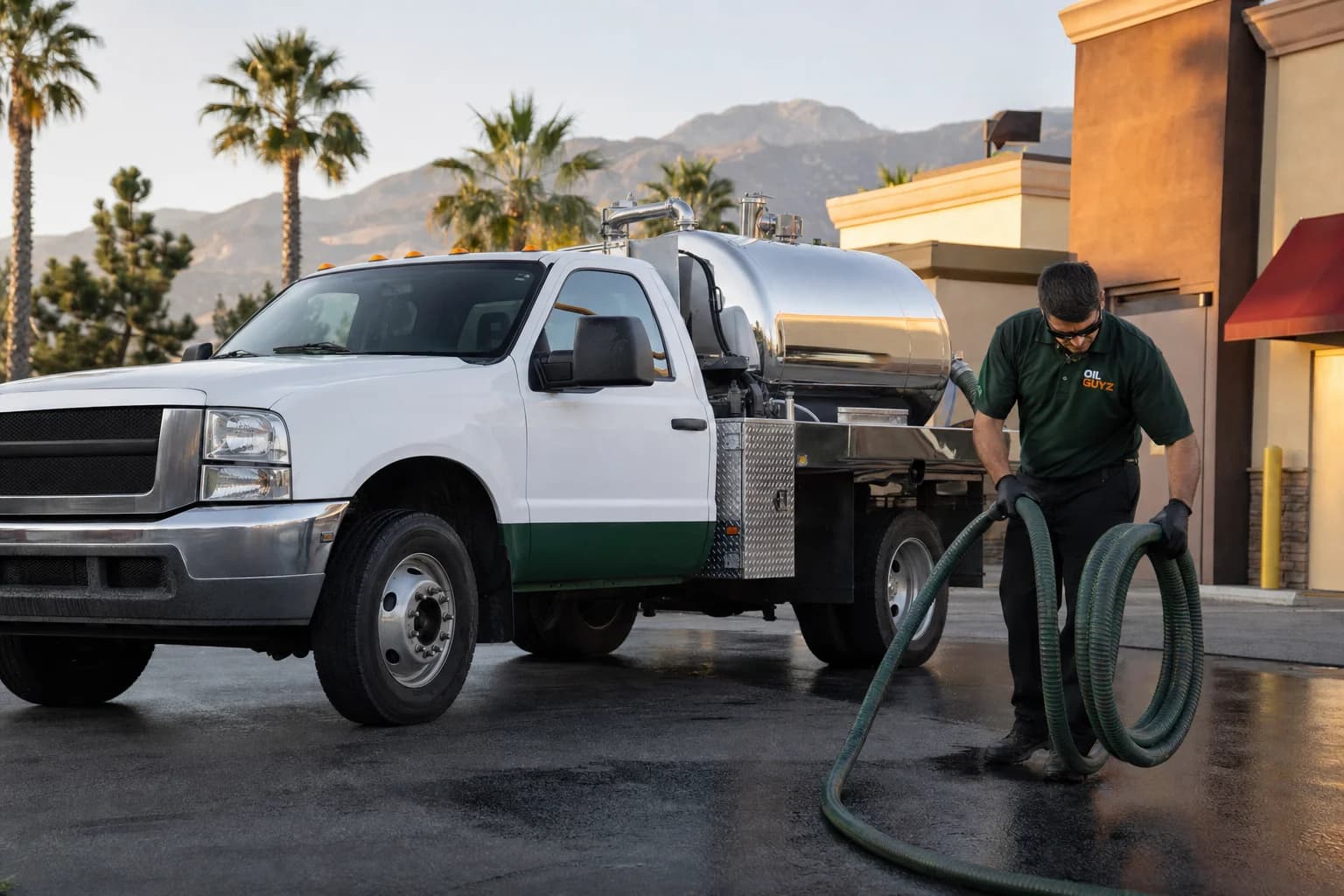 Free used cooking oil pickup at a Temecula restaurant — unbranded white pump truck with hunter-green Oil Guyz technician