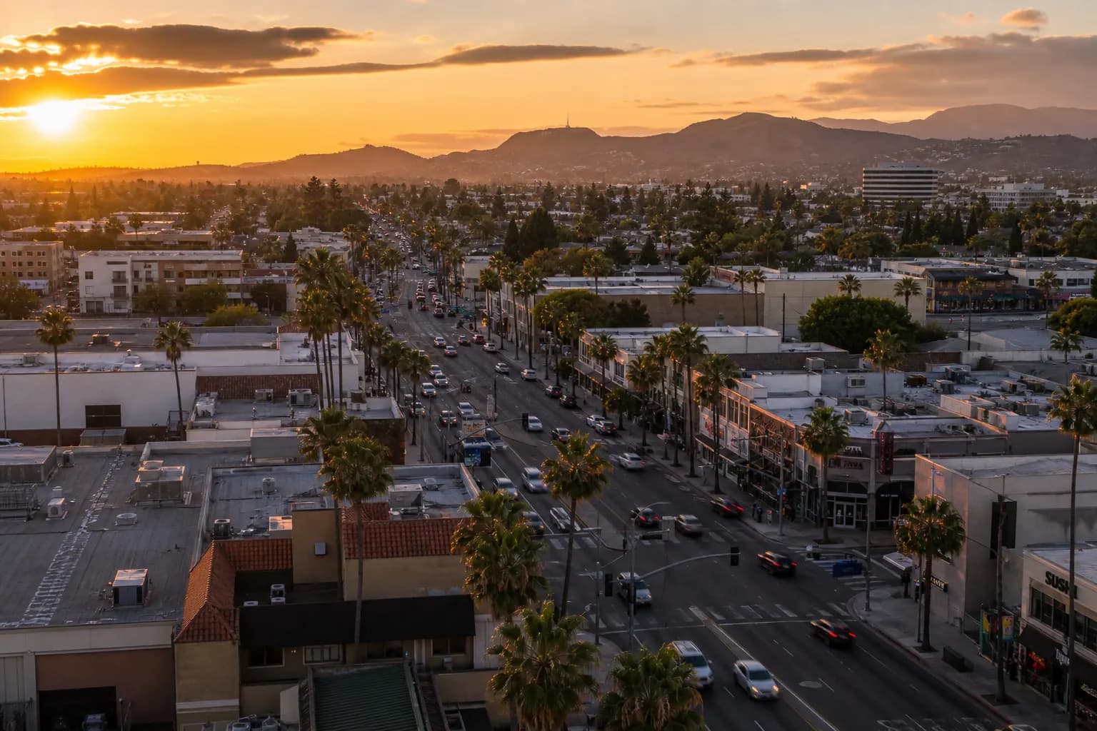 Aerial view of Temple City restaurant district at golden hour