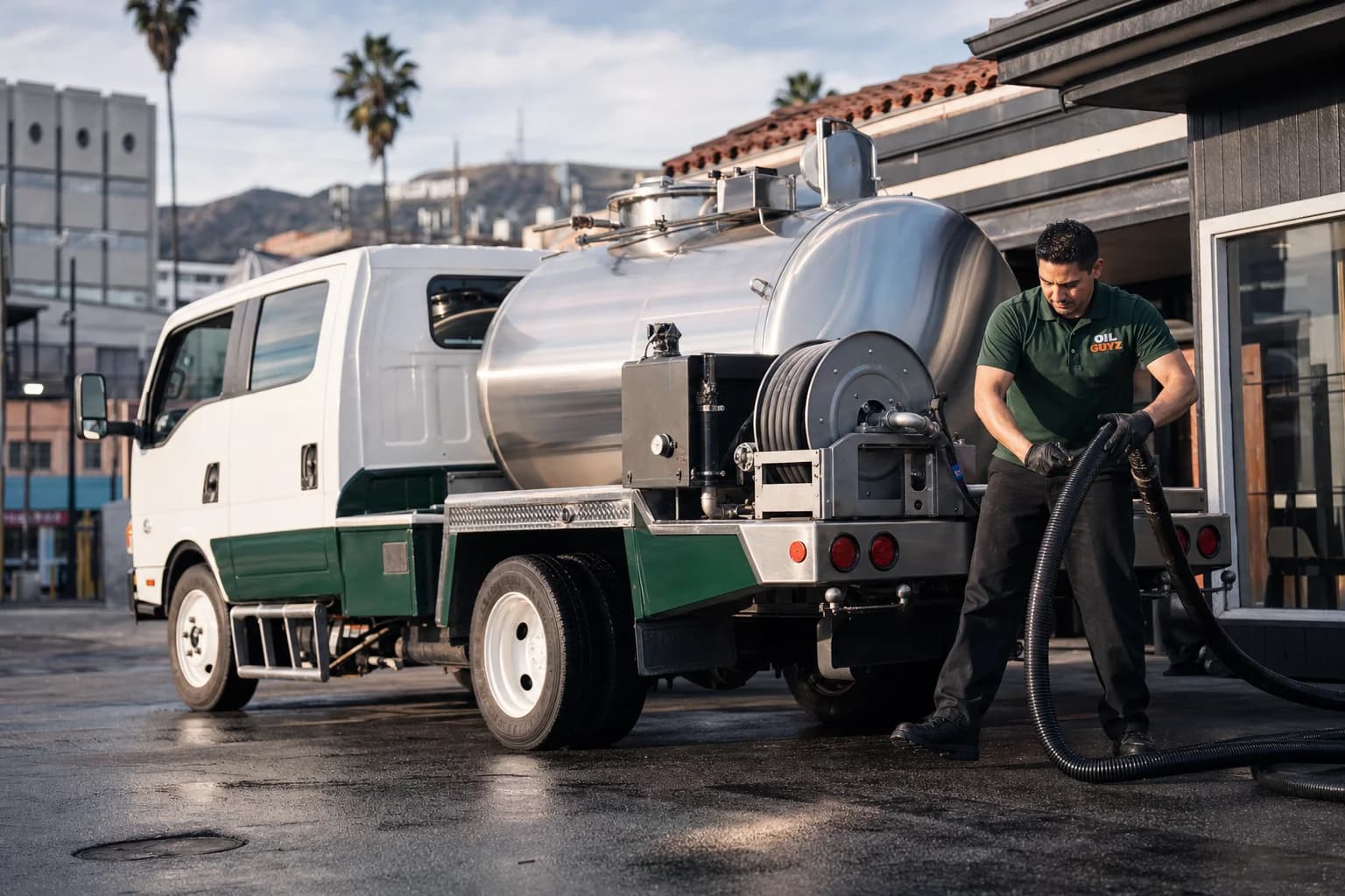 Free used cooking oil pickup at a Temple City restaurant — unbranded white pump truck with hunter-green Oil Guyz technician