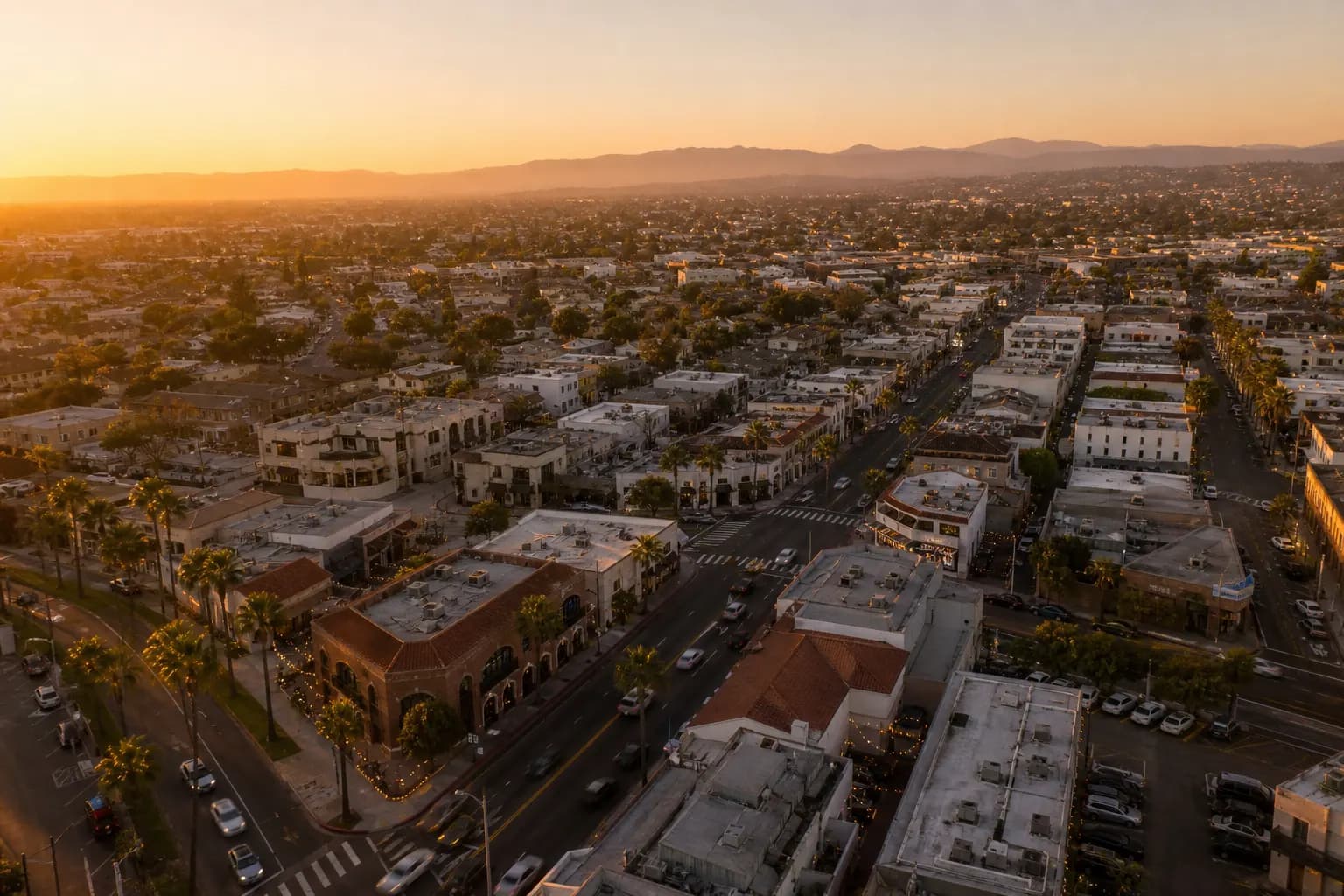 Aerial view of Torrance restaurant district at golden hour