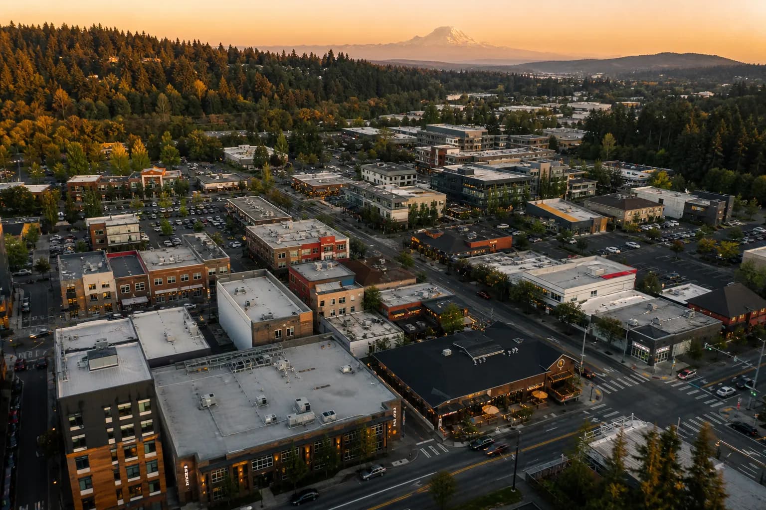 Aerial view of Tukwila restaurant district at golden hour