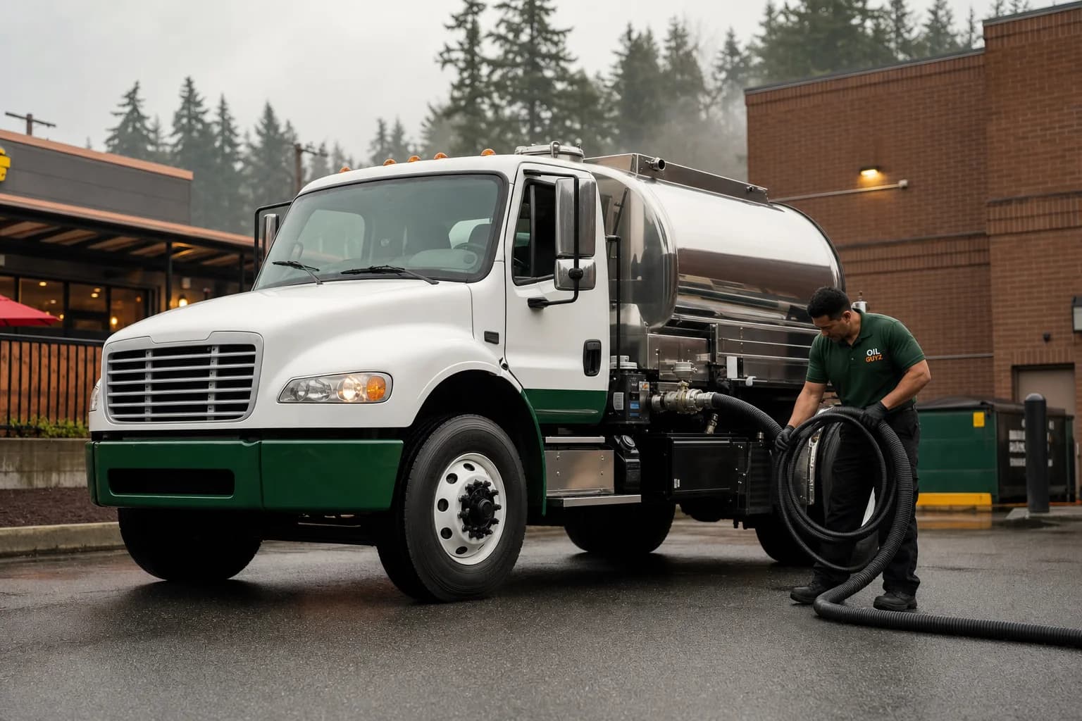 Free used cooking oil pickup at a Tukwila restaurant — unbranded white pump truck with hunter-green Oil Guyz technician