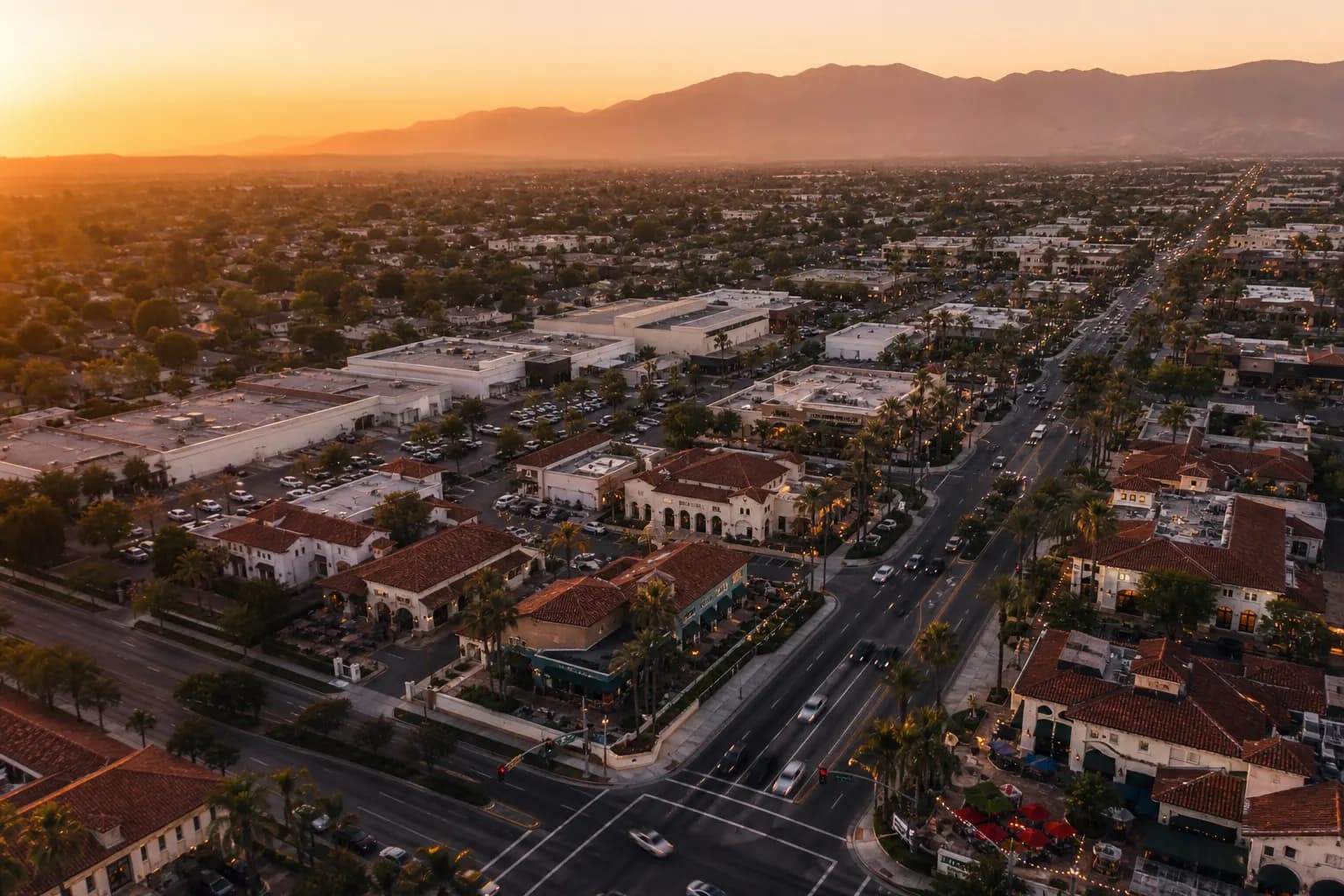 Aerial view of Tustin restaurant district at golden hour