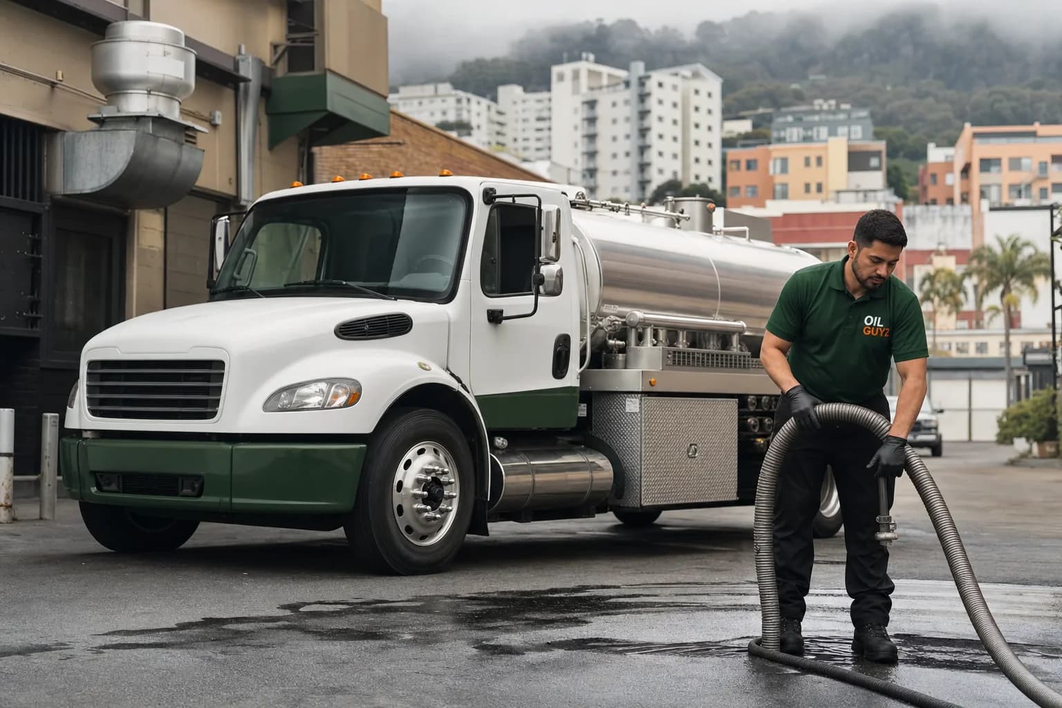 Free used cooking oil pickup at a Union City restaurant — unbranded white pump truck with hunter-green Oil Guyz technician