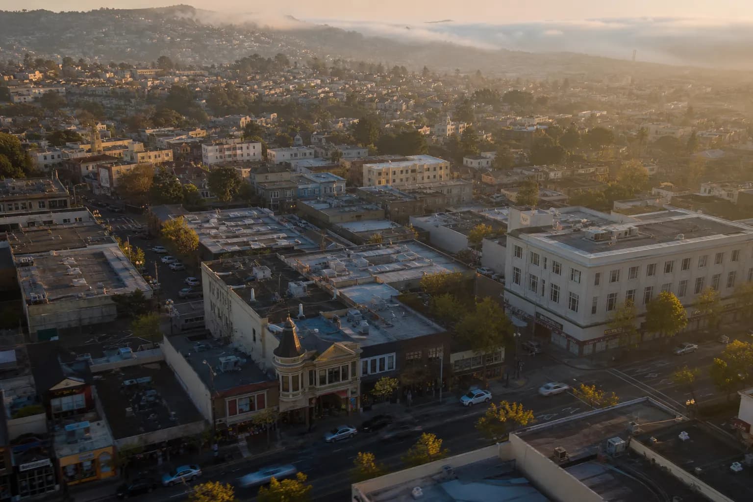 Aerial view of Union City restaurant district at golden hour